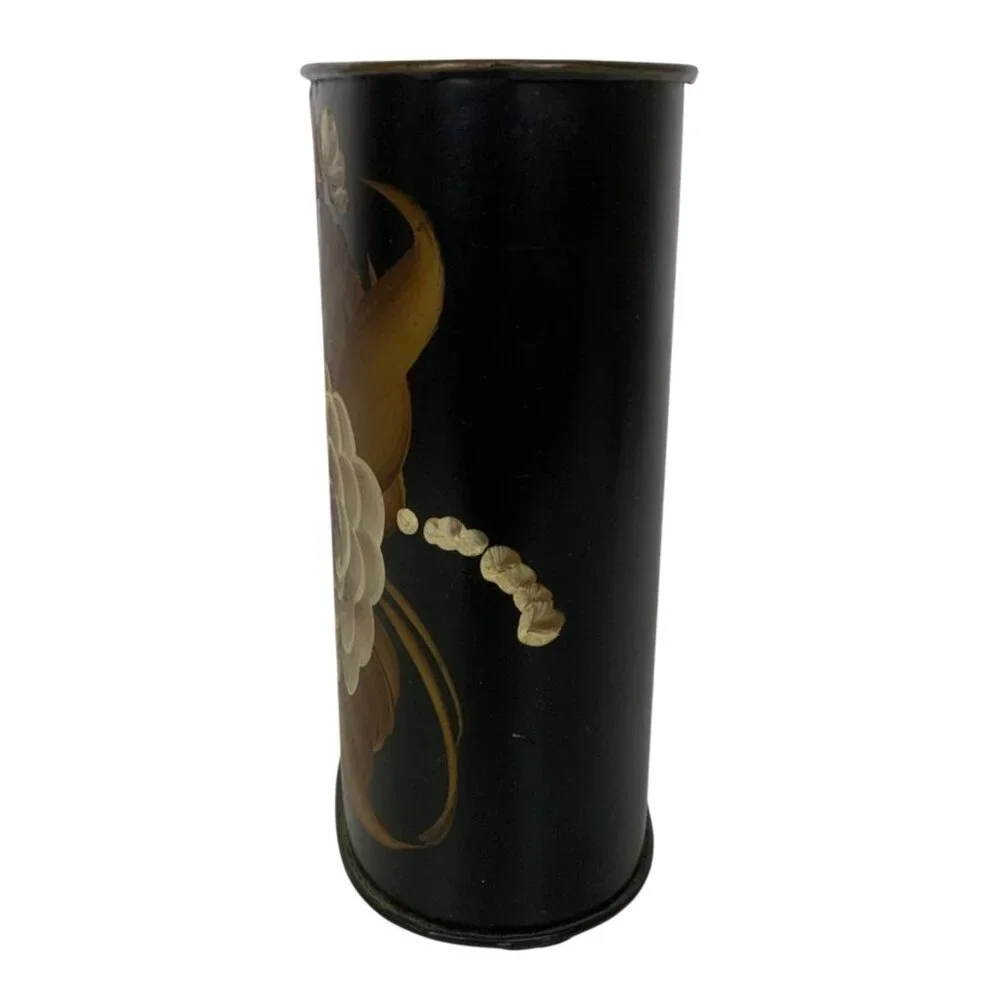 Vintage Hand-Painted Toleware Pencil Holder Black Gold Floral Oval Design